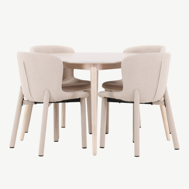 Ümmargune söögilauakomplekt Flora (ø120 cm) ja 4 beeži buklee tooli Astoria - GR24723