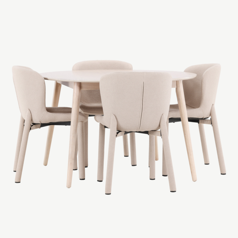 Ümmargune söögilauakomplekt Flora (ø120 cm) ja 4 beeži buklee tooli Astoria - GR24723