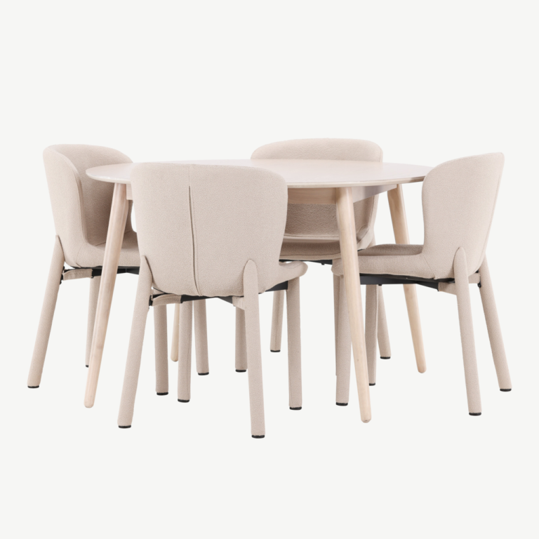 Ümmargune söögilauakomplekt Flora (ø120 cm) ja 4 beeži buklee tooli Astoria - GR24723