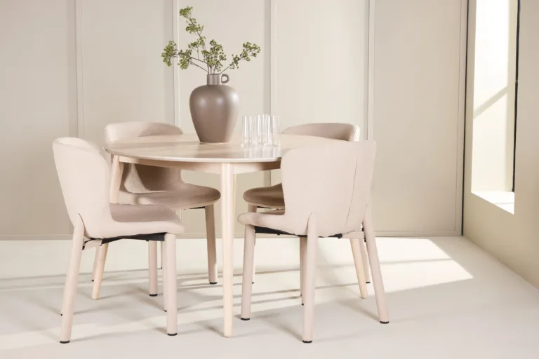 Ümmargune söögilauakomplekt Flora (ø120 cm) ja 4 beeži buklee tooli Astoria - GR24723