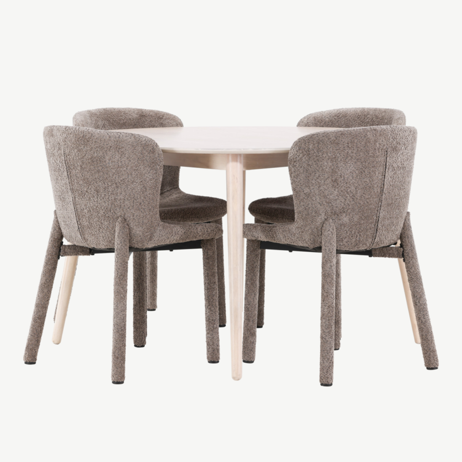 Ümmargune söögilauakomplekt Flora: hele laud ja 4 pruuni buklee tooli Astoria, GR24722 – 4