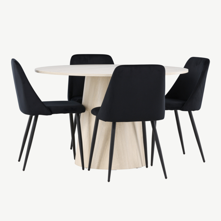 Ümmargune söögilauakomplekt Lanzo valge peitsiga laud ja mustad Night toolid (4 tk, ø120 cm) - GR24429