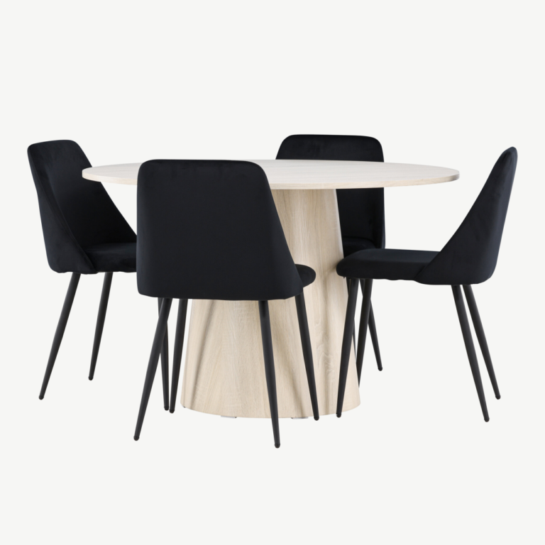 Ümmargune söögilauakomplekt Lanzo valge peitsiga laud ja mustad Night toolid (4 tk, ø120 cm) - GR24429