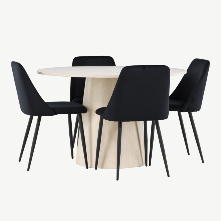 Ümmargune söögilauakomplekt Lanzo valge peitsiga laud ja mustad Night toolid (4 tk, ø120 cm) - GR24429