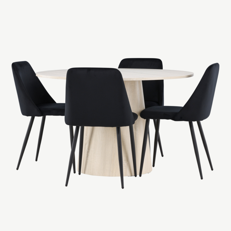 Ümmargune söögilauakomplekt Lanzo valge peitsiga laud ja mustad Night toolid (4 tk, ø120 cm) - GR24429
