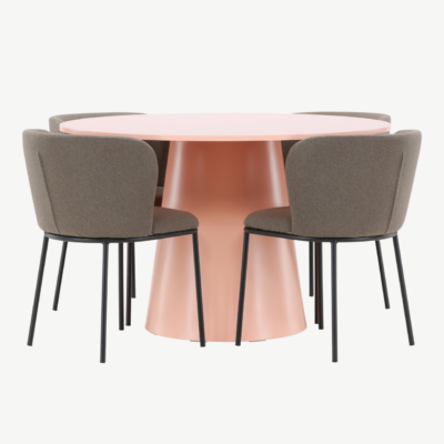 Ümmargune söögilauakomplekt Lanzo virsikutooni MDF laud 120 cm ja 4 pruuni polüesterlinase kattega tooli Edina - GR24696