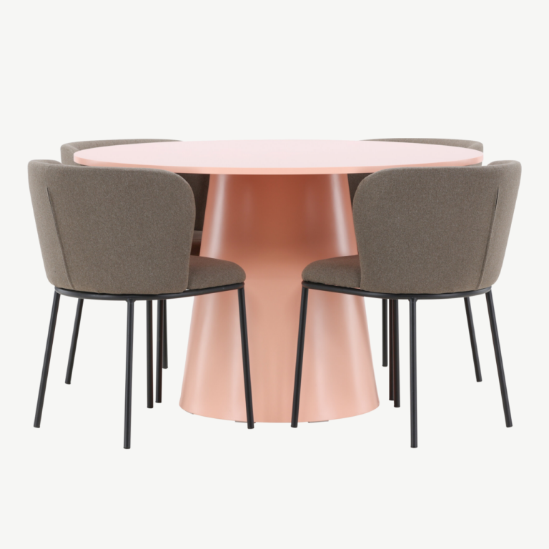 Ümmargune söögilauakomplekt Lanzo virsikutooni MDF laud 120 cm ja 4 pruuni polüesterlinase kattega tooli Edina - GR24696