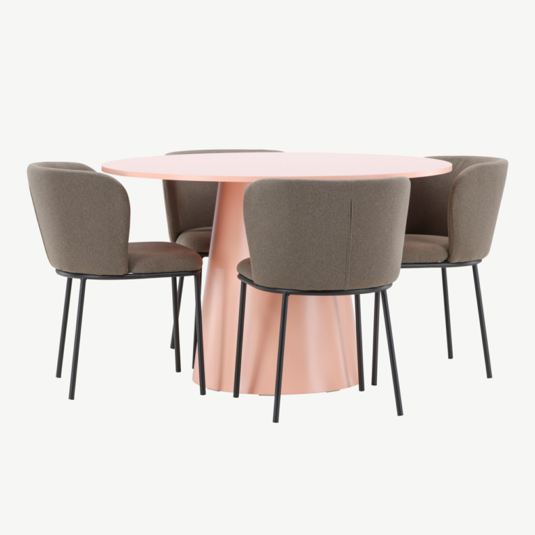 Ümmargune söögilauakomplekt Lanzo virsikutooni MDF laud 120 cm ja 4 pruuni polüesterlinase kattega tooli Edina - GR24696