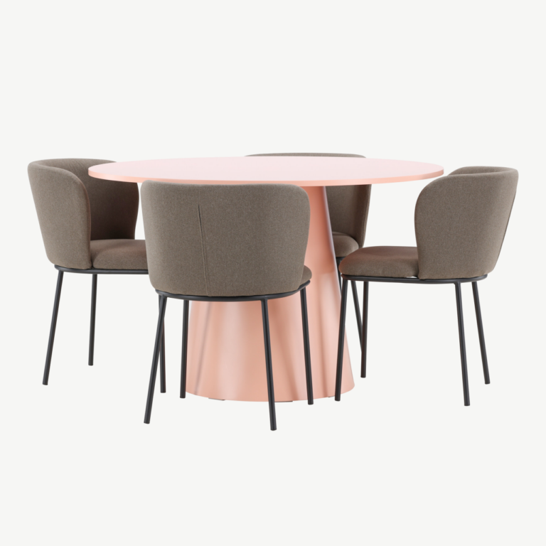 Ümmargune söögilauakomplekt Lanzo virsikutooni MDF laud 120 cm ja 4 pruuni polüesterlinase kattega tooli Edina - GR24696