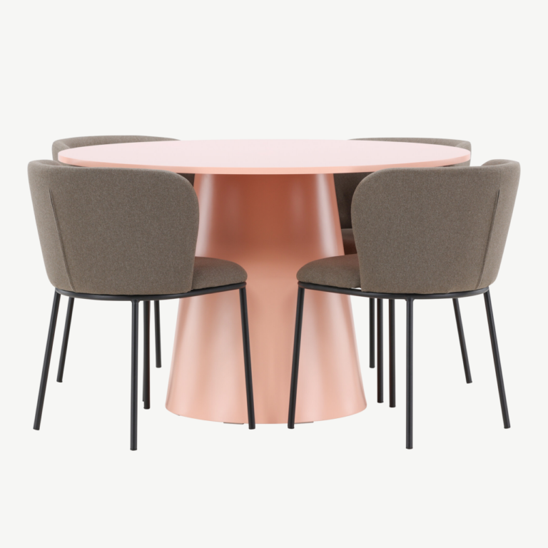 Ümmargune söögilauakomplekt Lanzo virsikutooni MDF laud 120 cm ja 4 pruuni polüesterlinase kattega tooli Edina - GR24696