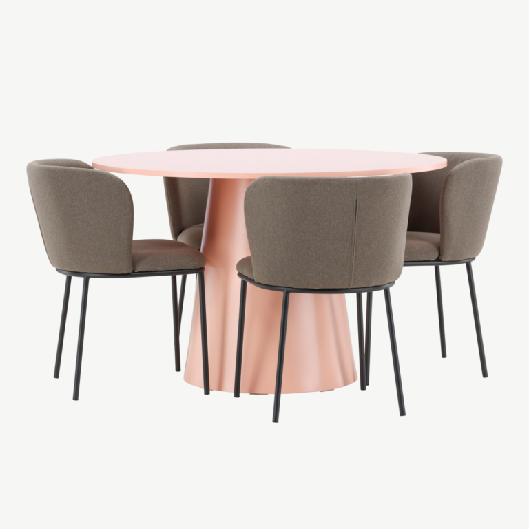 Ümmargune söögilauakomplekt Lanzo virsikutooni MDF laud 120 cm ja 4 pruuni polüesterlinase kattega tooli Edina - GR24696