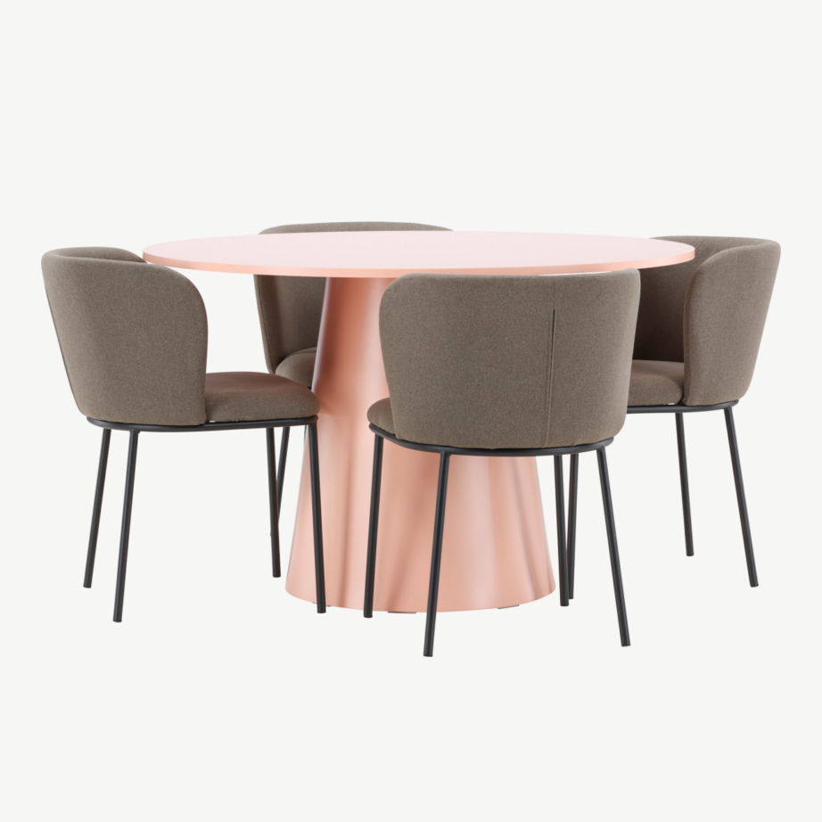 Ümmargune söögilauakomplekt Lanzo virsikutooni MDF laud 120 cm ja 4 pruuni polüesterlinase kattega tooli Edina, GR24696 – 5