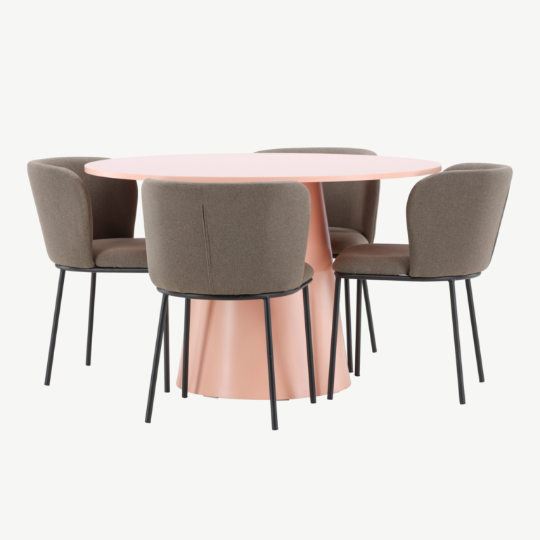 Ümmargune söögilauakomplekt Lanzo virsikutooni MDF laud 120 cm ja 4 pruuni polüesterlinase kattega tooli Edina - GR24696
