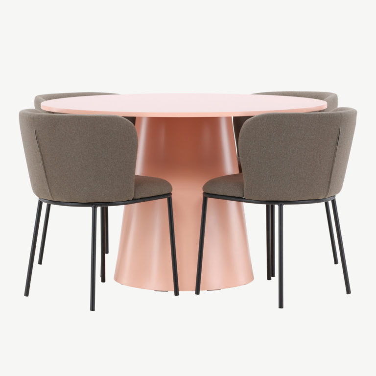 Ümmargune söögilauakomplekt Lanzo virsikutooni MDF laud 120 cm ja 4 pruuni polüesterlinase kattega tooli Edina - GR24696