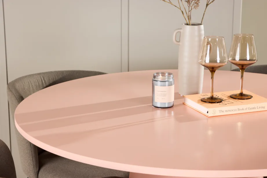 Ümmargune söögilauakomplekt Lanzo virsikutooni MDF laud 120 cm ja 4 pruuni polüesterlinase kattega tooli Edina, GR24696 – 10