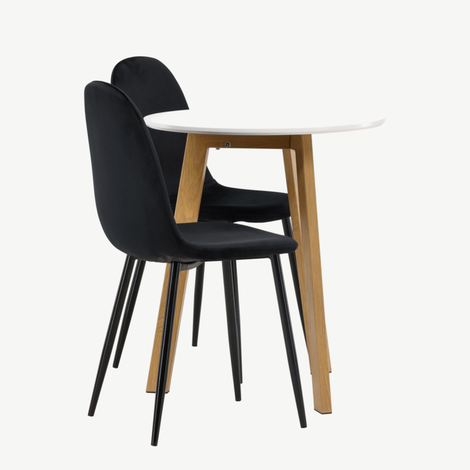 Ümmargune söögilauakomplekt Leonora, valge MDF, tammepuidu toon, mustad sametist toolid Polar, GR23499 – 2