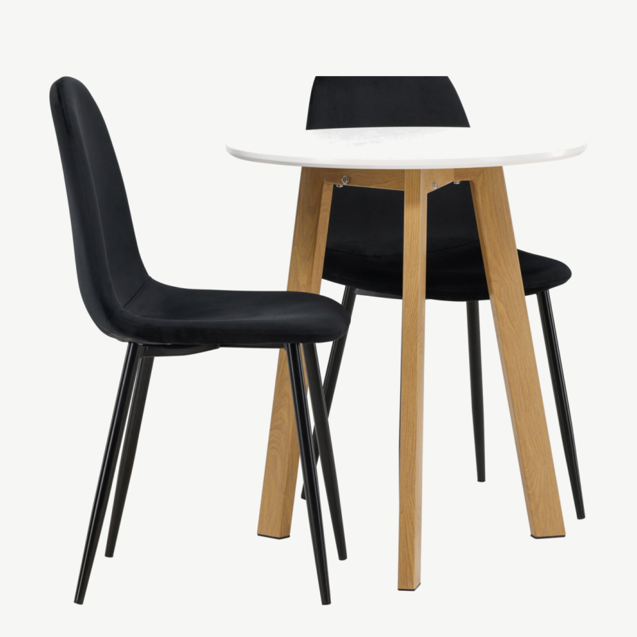 Ümmargune söögilauakomplekt Leonora, valge MDF, tammepuidu toon, mustad sametist toolid Polar, GR23499 – 3