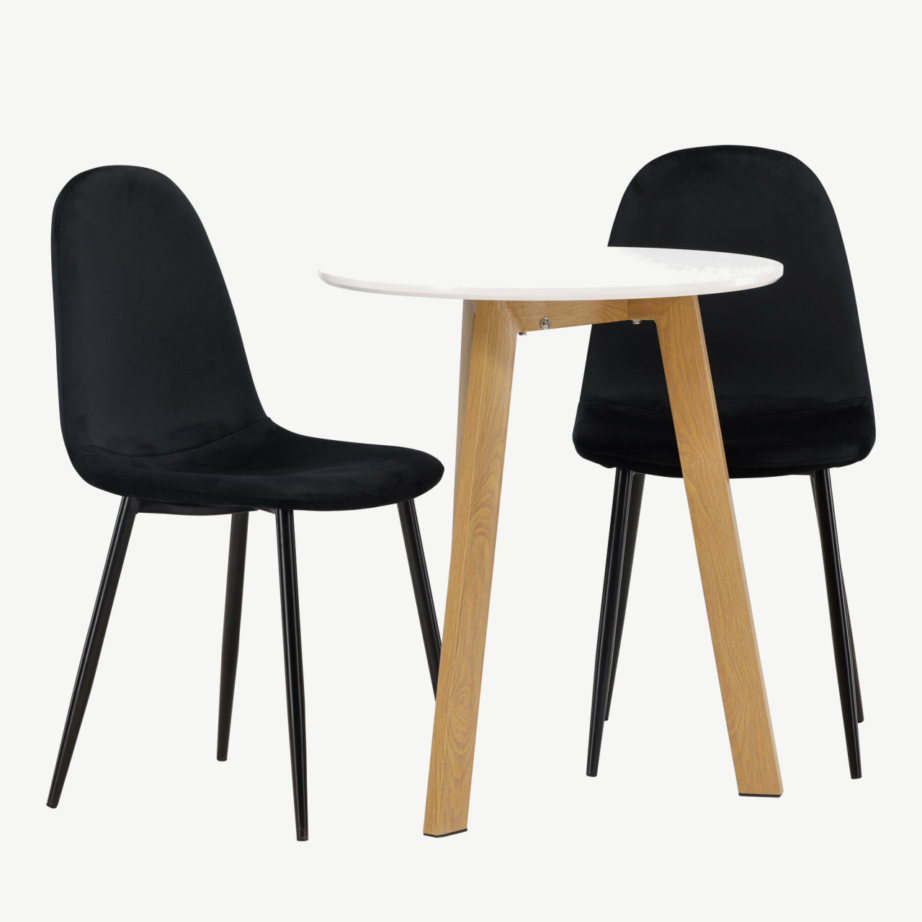 Ümmargune söögilauakomplekt Leonora, valge MDF, tammepuidu toon, mustad sametist toolid Polar, GR23499 – 4