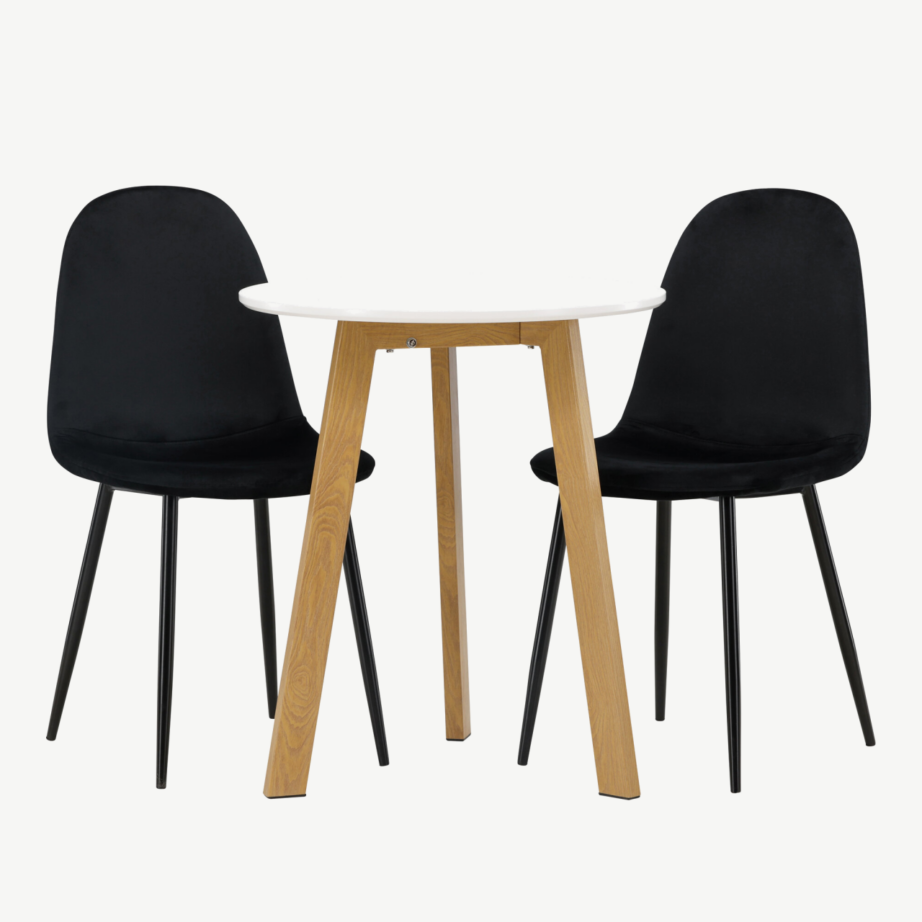 Ümmargune söögilauakomplekt Leonora, valge MDF, tammepuidu toon, mustad sametist toolid Polar, GR23499 – 5