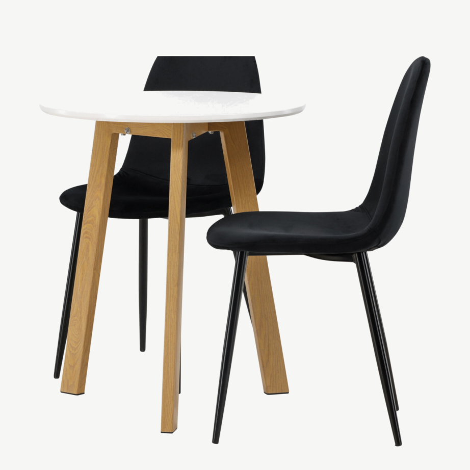 Ümmargune söögilauakomplekt Leonora, valge MDF, tammepuidu toon, mustad sametist toolid Polar, GR23499 – 6