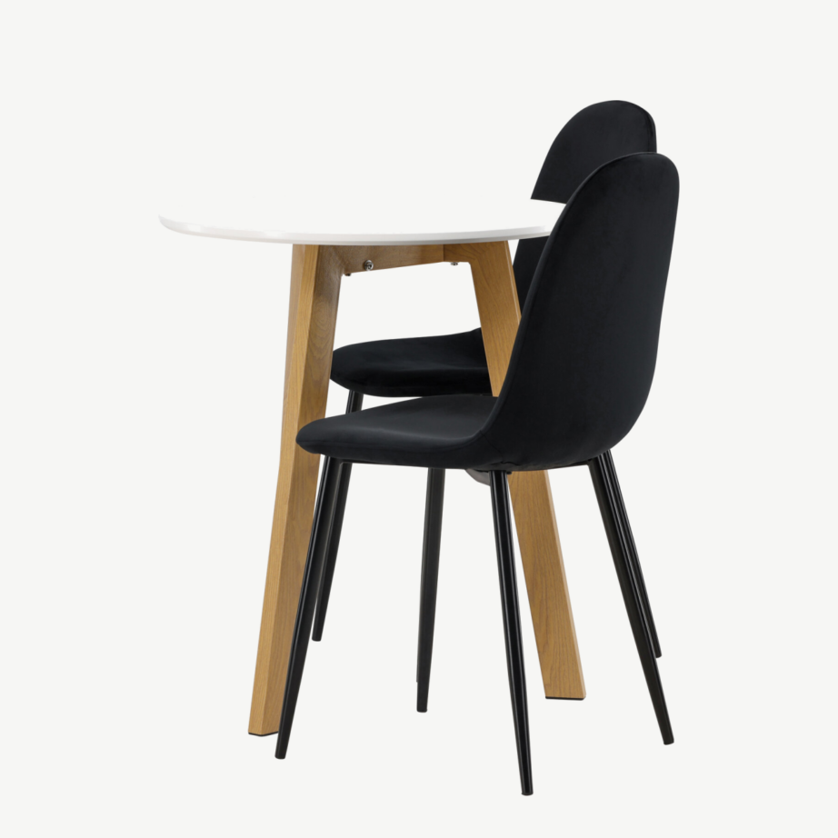 Ümmargune söögilauakomplekt Leonora, valge MDF, tammepuidu toon, mustad sametist toolid Polar, GR23499 – 7