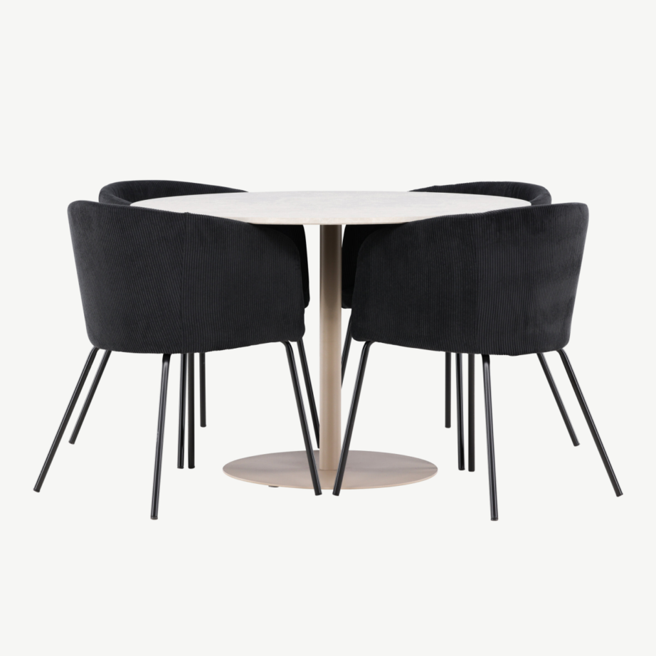 Ümmargune söögilauakomplekt Lycke (MDF, beež) koos nelja musta sametise Berit tooliga, GR24383 – 2