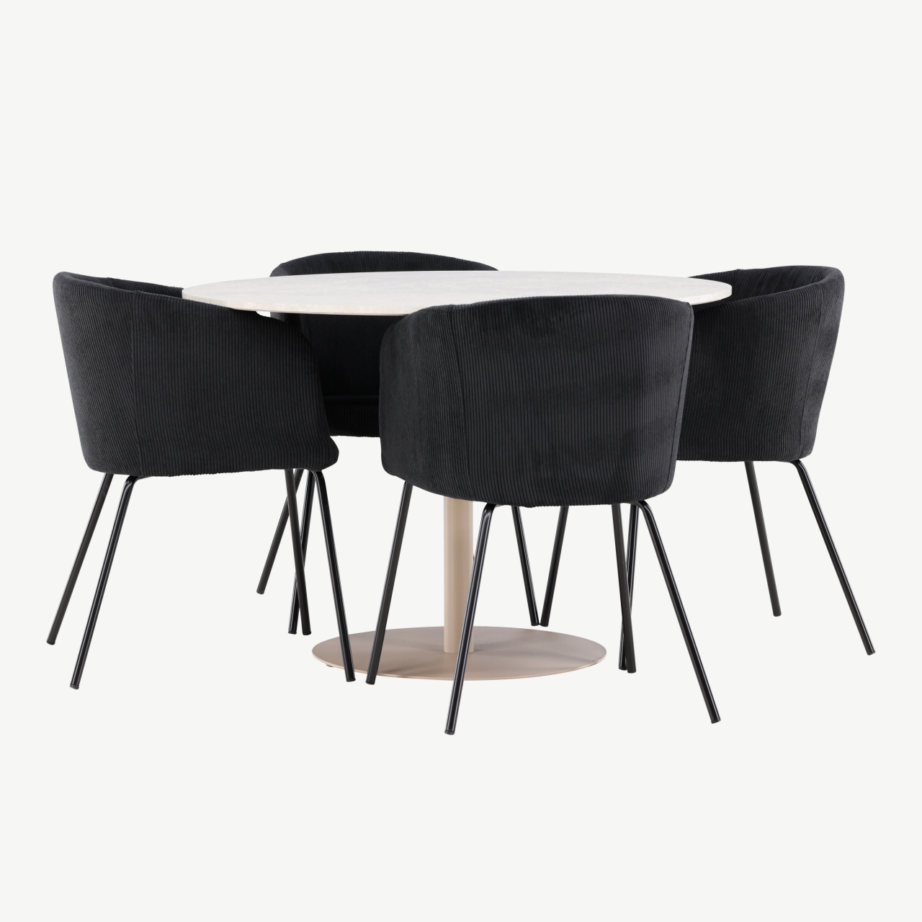 Ümmargune söögilauakomplekt Lycke (MDF, beež) koos nelja musta sametise Berit tooliga, GR24383 – 3