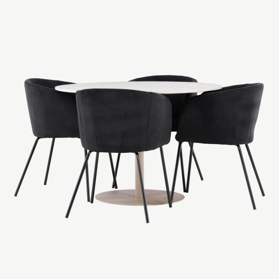 Ümmargune söögilauakomplekt Lycke (MDF, beež) koos nelja musta sametise Berit tooliga, GR24383 – 4