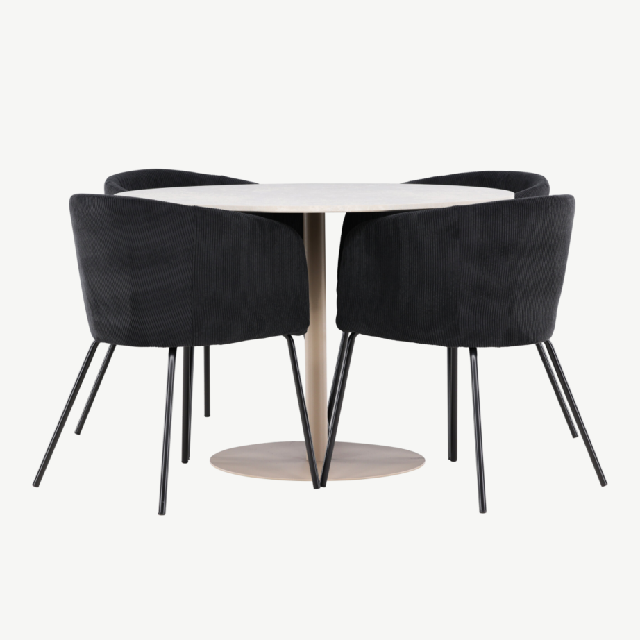Ümmargune söögilauakomplekt Lycke (MDF, beež) koos nelja musta sametise Berit tooliga, GR24383 – 5