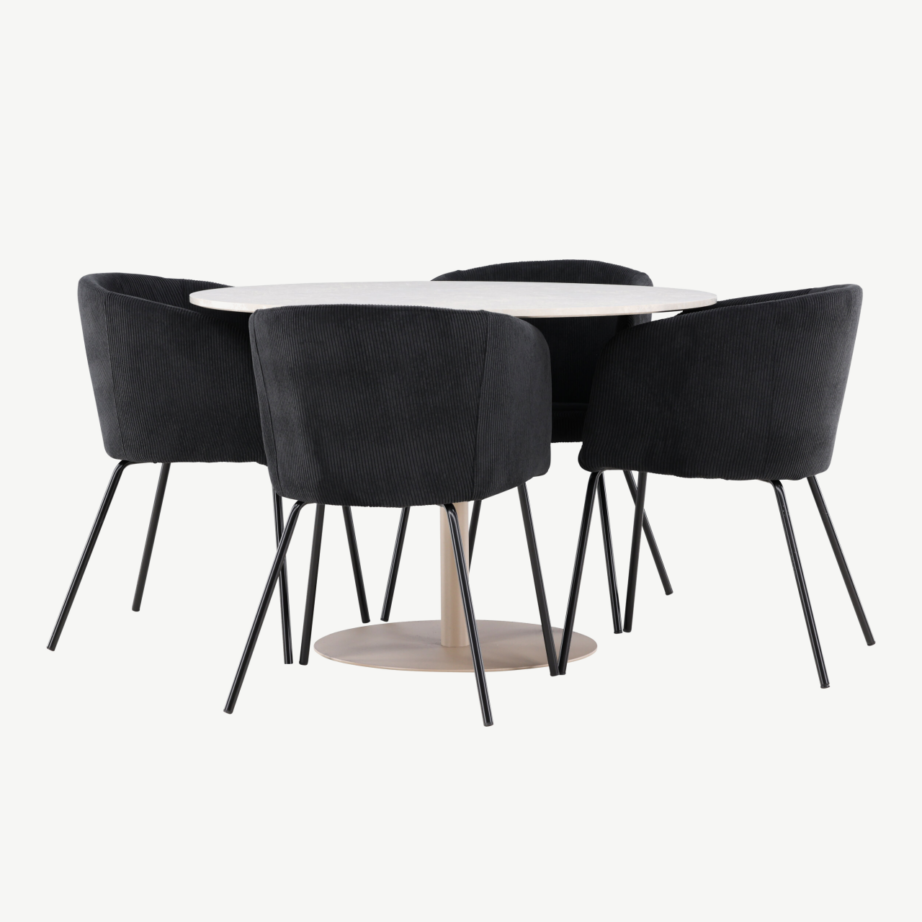 Ümmargune söögilauakomplekt Lycke (MDF, beež) koos nelja musta sametise Berit tooliga, GR24383 – 6