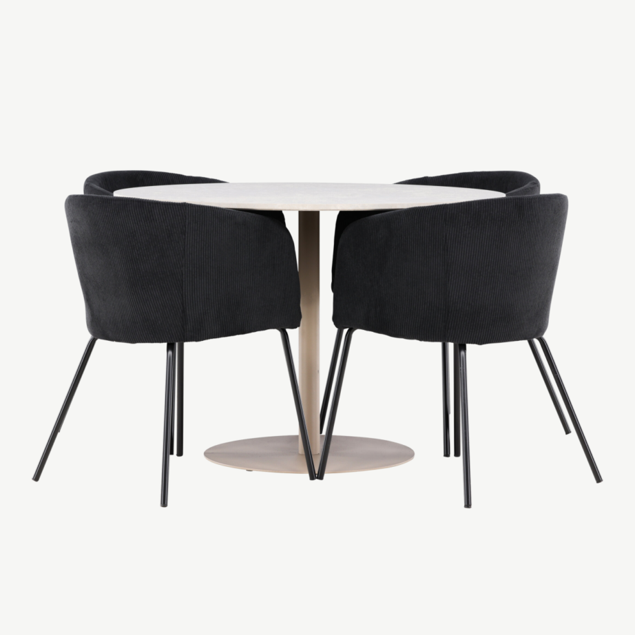Ümmargune söögilauakomplekt Lycke (MDF, beež) koos nelja musta sametise Berit tooliga, GR24383 – 7