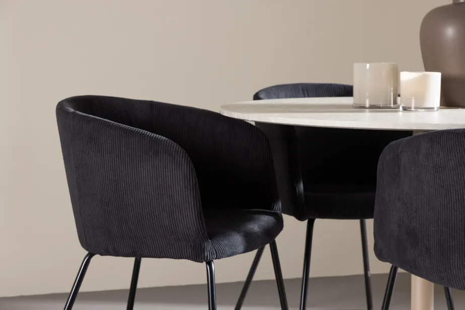 Ümmargune söögilauakomplekt Lycke (MDF, beež) koos nelja musta sametise Berit tooliga, GR24383 – 9