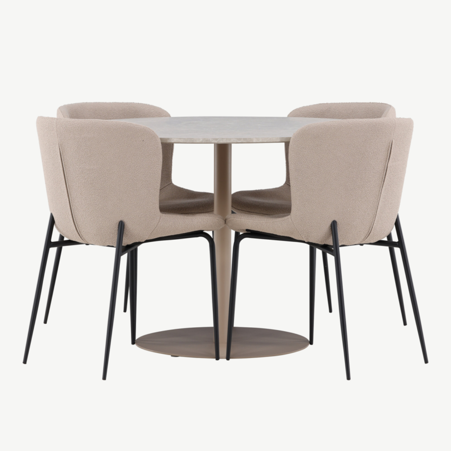 Ümmargune söögilauakomplekt Lycke (beež MDF, 4 Modesto tooli buklee-kangaga), GR24388 – 2