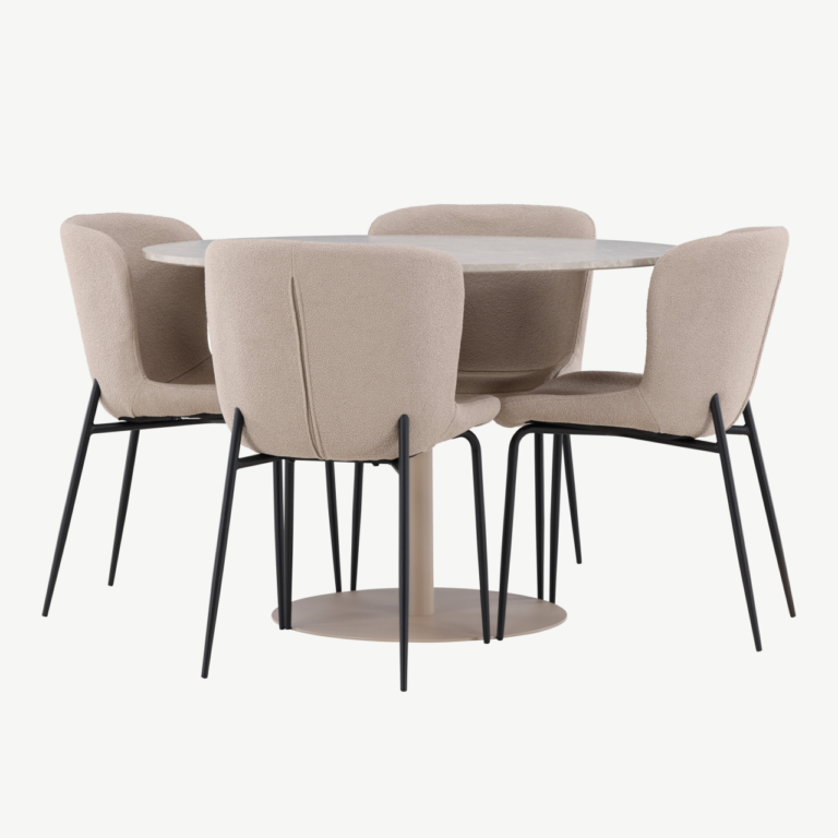 Ümmargune söögilauakomplekt Lycke (beež MDF, 4 Modesto tooli buklee-kangaga) - GR24388