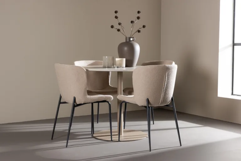 Ümmargune söögilauakomplekt Lycke (beež MDF, 4 Modesto tooli buklee-kangaga) - GR24388