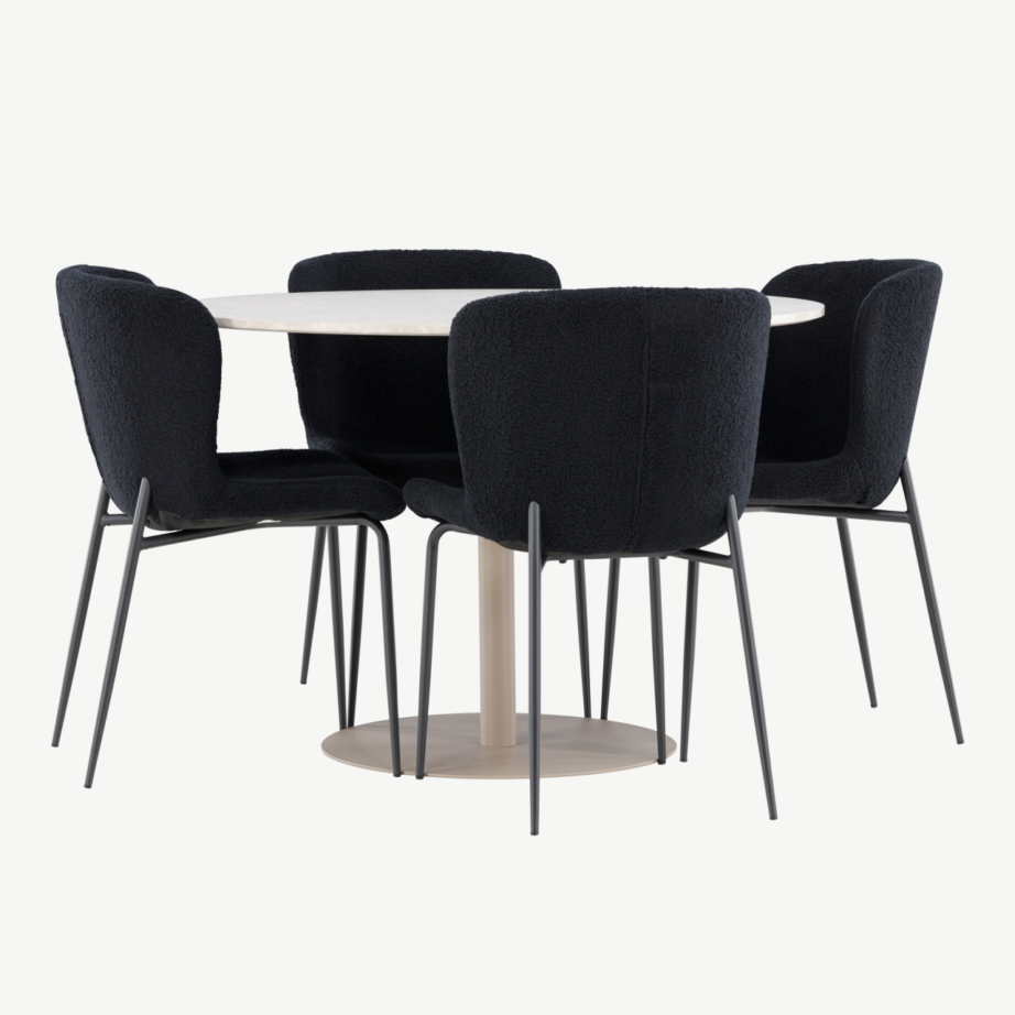 Ümmargune söögilauakomplekt Lycke beež MDF laud ja 4 musta buklee kangaga Modesto tooli, GR24380