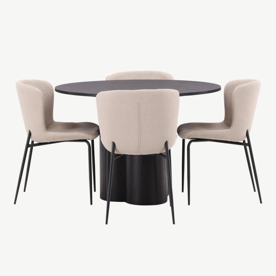 Ümmargune söögilauakomplekt Olivia – must MDF laud ja beežid buklee kattega Modesto toolid, GR23103 – 2
