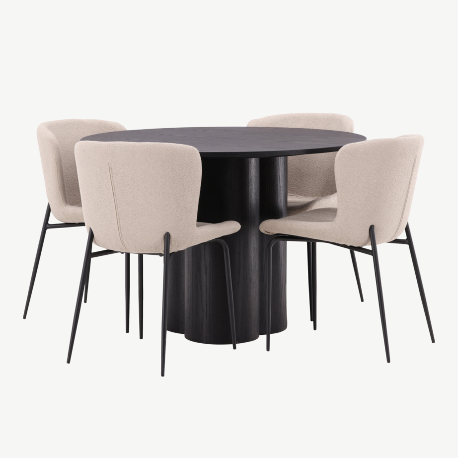 Ümmargune söögilauakomplekt Olivia – must MDF laud ja beežid buklee kattega Modesto toolid, GR23103 – 3