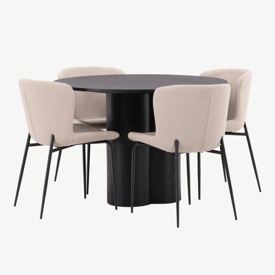 Ümmargune söögilauakomplekt Olivia – must MDF laud ja beežid buklee kattega Modesto toolid, GR23103 – 4