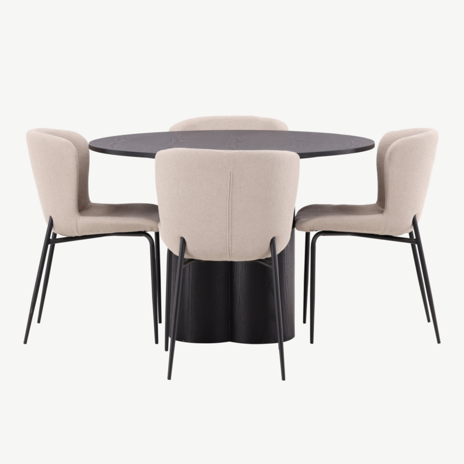 Ümmargune söögilauakomplekt Olivia – must MDF laud ja beežid buklee kattega Modesto toolid, GR23103 – 5