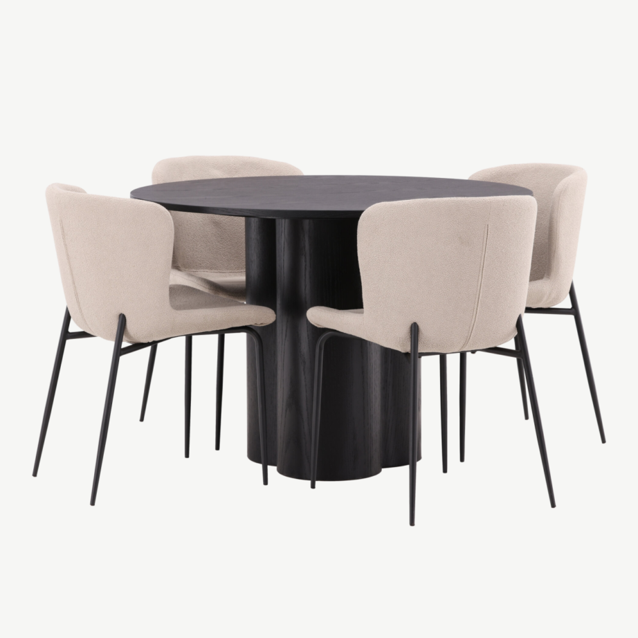 Ümmargune söögilauakomplekt Olivia – must MDF laud ja beežid buklee kattega Modesto toolid, GR23103 – 6
