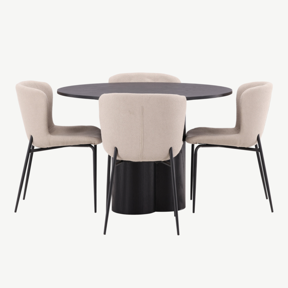 Ümmargune söögilauakomplekt Olivia – must MDF laud ja beežid buklee kattega Modesto toolid, GR23103 – 7