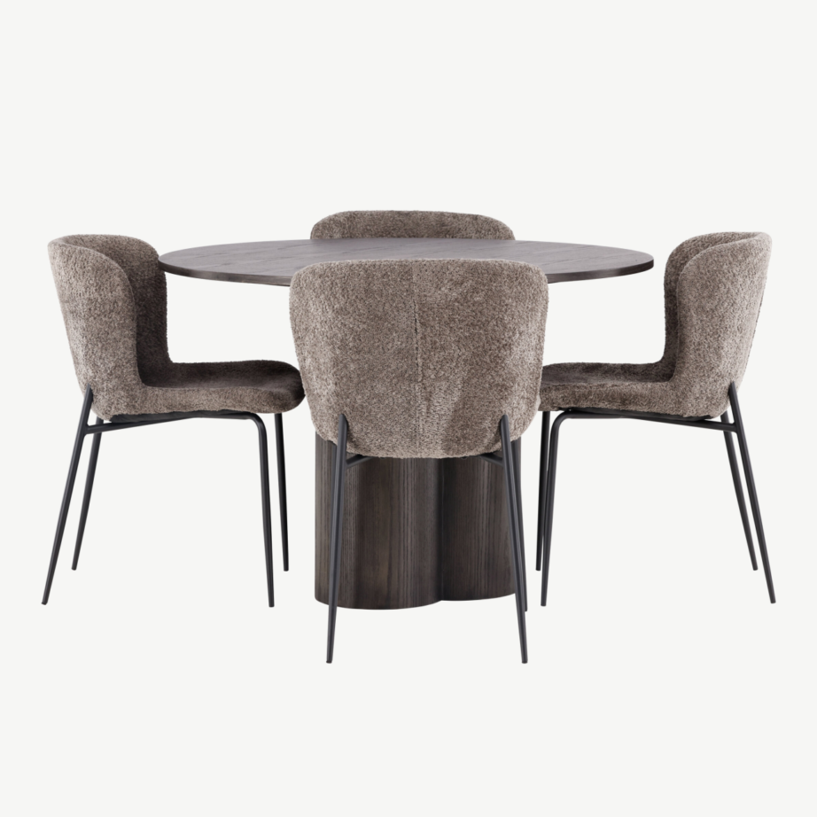 Ümmargune söögilauakomplekt Olivia (mokkatoon, buklee kangaga toolid), GR23084 – 2