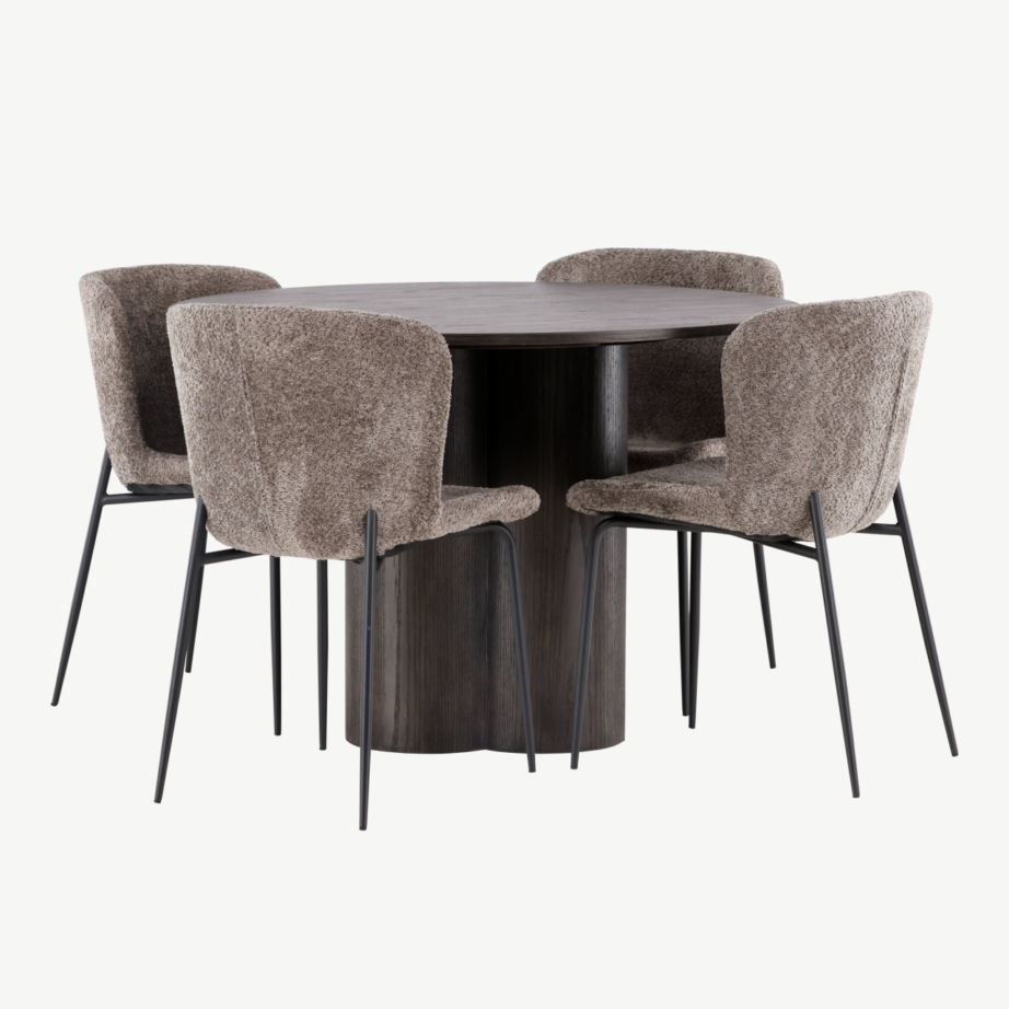 Ümmargune söögilauakomplekt Olivia (mokkatoon, buklee kangaga toolid), GR23084 – 3