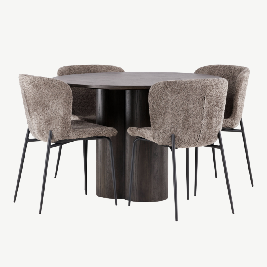 Ümmargune söögilauakomplekt Olivia (mokkatoon, buklee kangaga toolid), GR23084 – 4