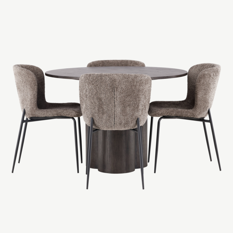 Ümmargune söögilauakomplekt Olivia (mokkatoon, buklee kangaga toolid), GR23084 – 5