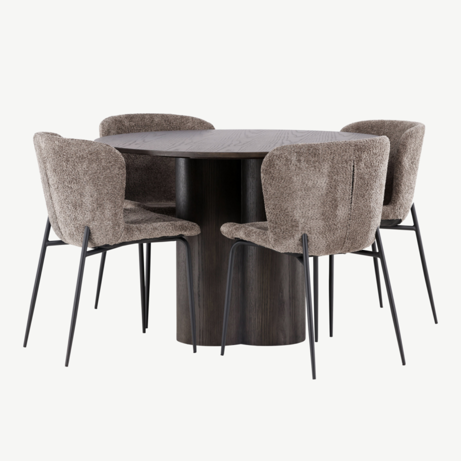 Ümmargune söögilauakomplekt Olivia (mokkatoon, buklee kangaga toolid), GR23084 – 6