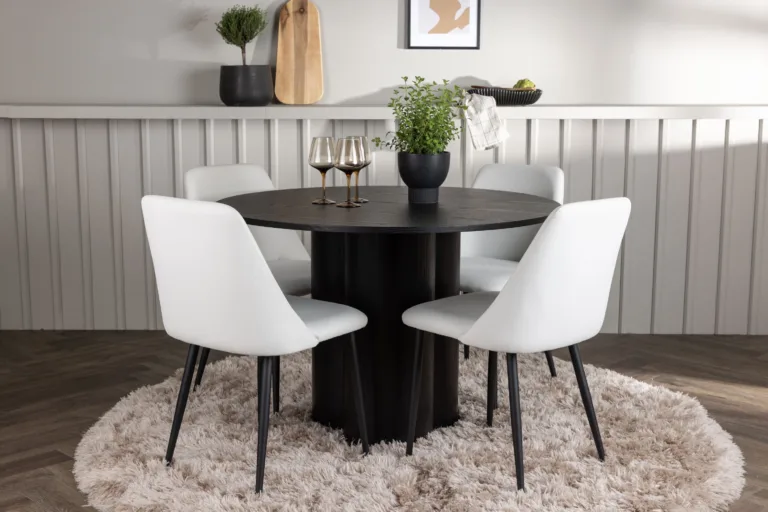 Ümmargune söögilauakomplekt Olivia (must MDF, 110cm) ja valged Night toolid - GR23824