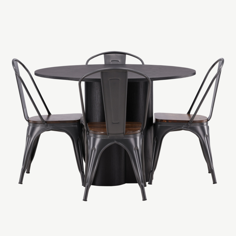 Ümmargune söögilauakomplekt Olivia (must MDF, tume pähklitooni terastoolid), GR23109 – 2