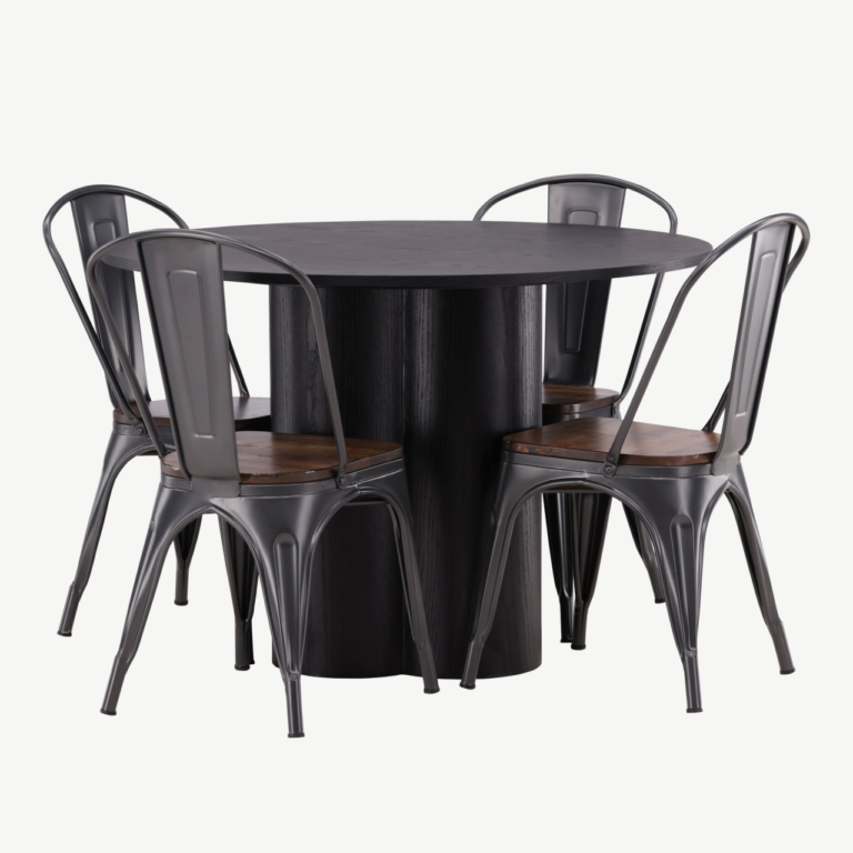 Ümmargune söögilauakomplekt Olivia (must MDF, tume pähklitooni terastoolid) - GR23109